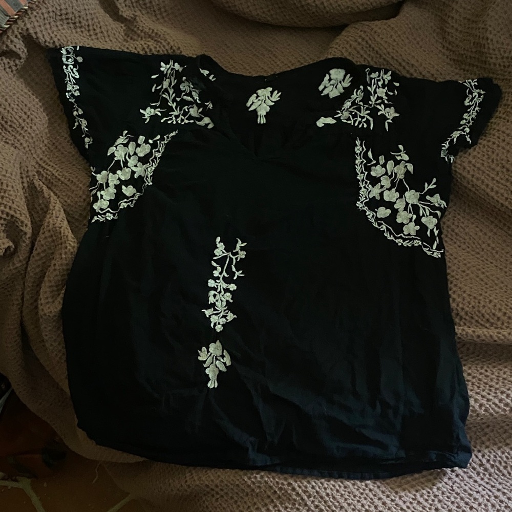 Black Embroidered V-Neck Flutter Sleeve Blouse